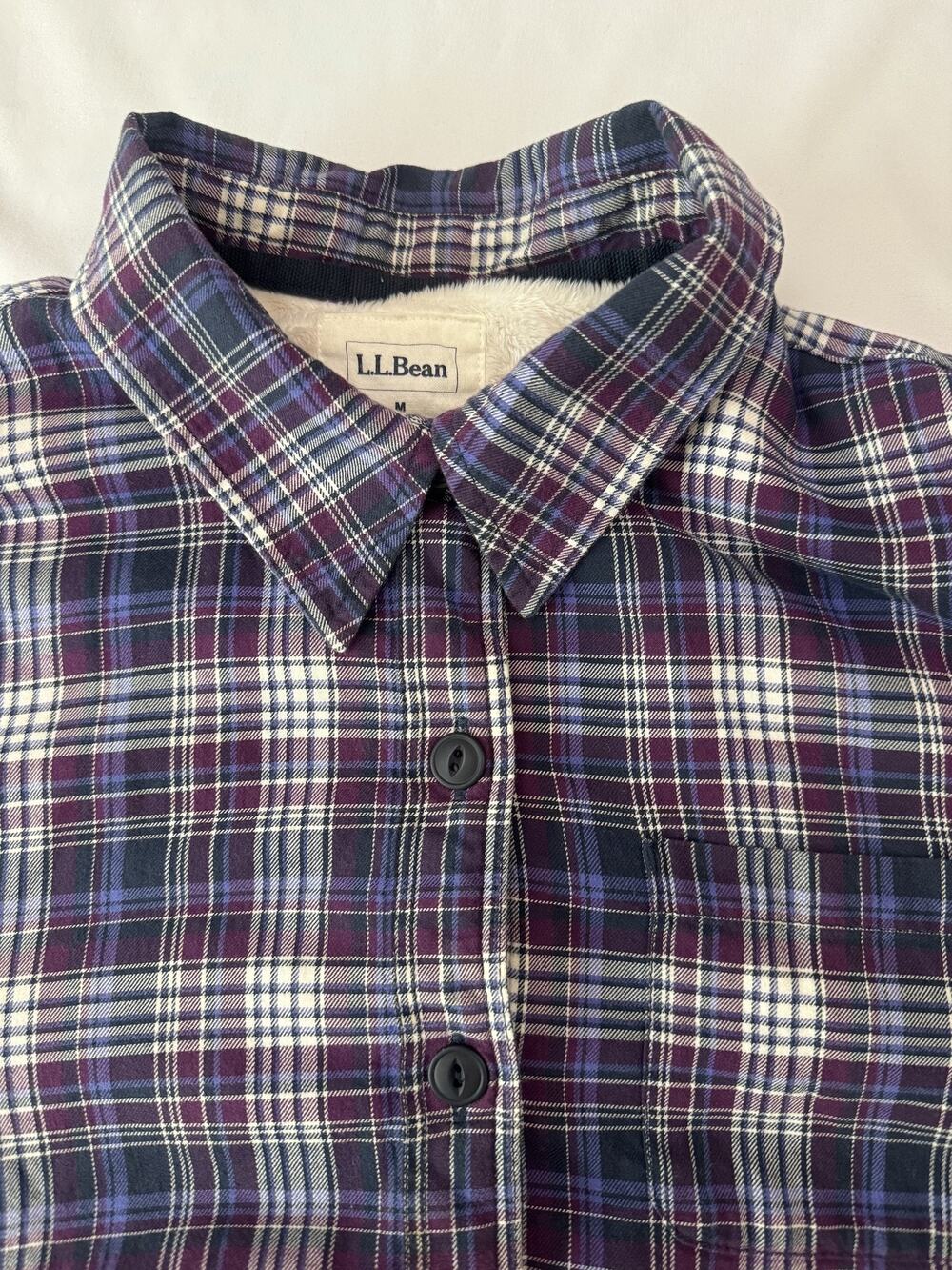 L.L. Bean Sherpa Lined Shirt Jacket Womens Medium Blue Plaid Flannel Winter